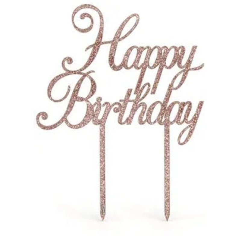 Oaktree Acrylic Rose Gold Glitter Cake Topper Happy Birthday H147mm x W160mm