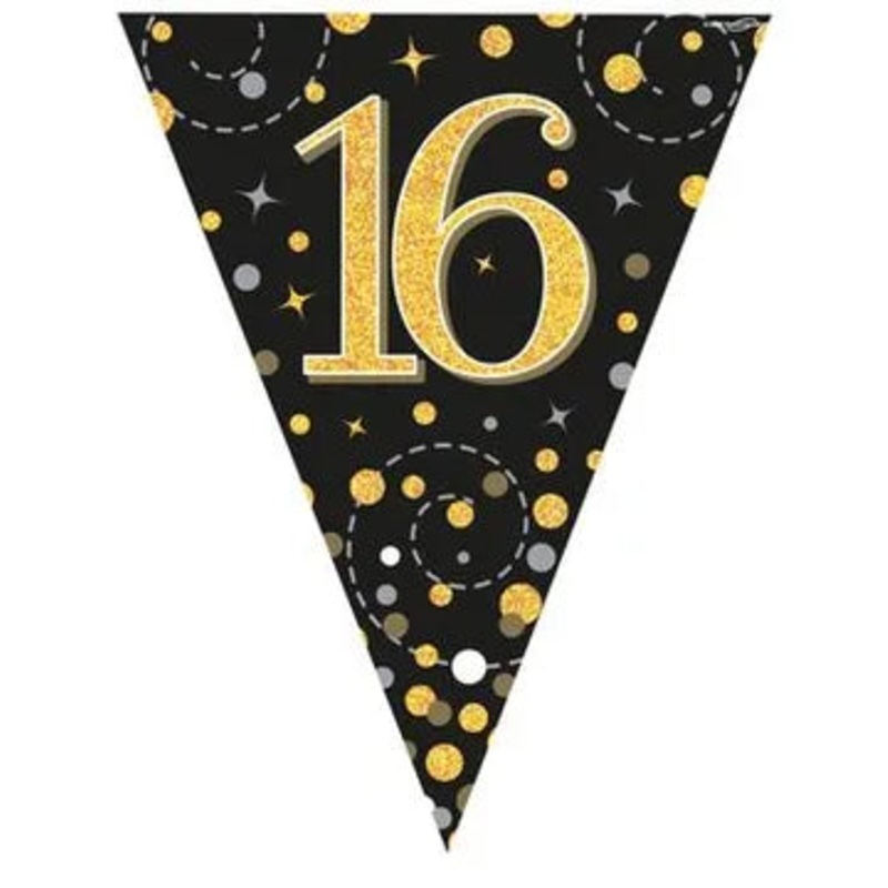 Oaktree Party Bunting Sparkling Fizz 16 Black & Gold Holographic 11 flags 3.9m