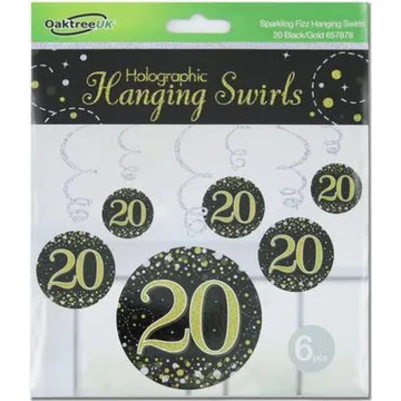 Oaktree Sparkling Fizz Hanging Swirls 20th Black / Gold 6pcs