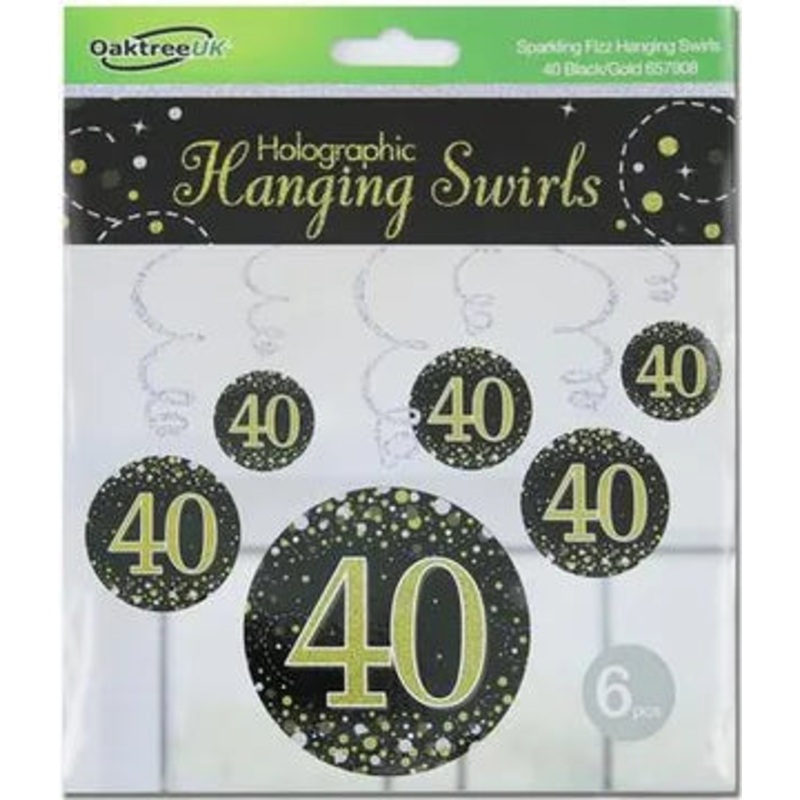 Oaktree Sparkling Fizz Hanging Swirls 40th Black / Gold 6pcs