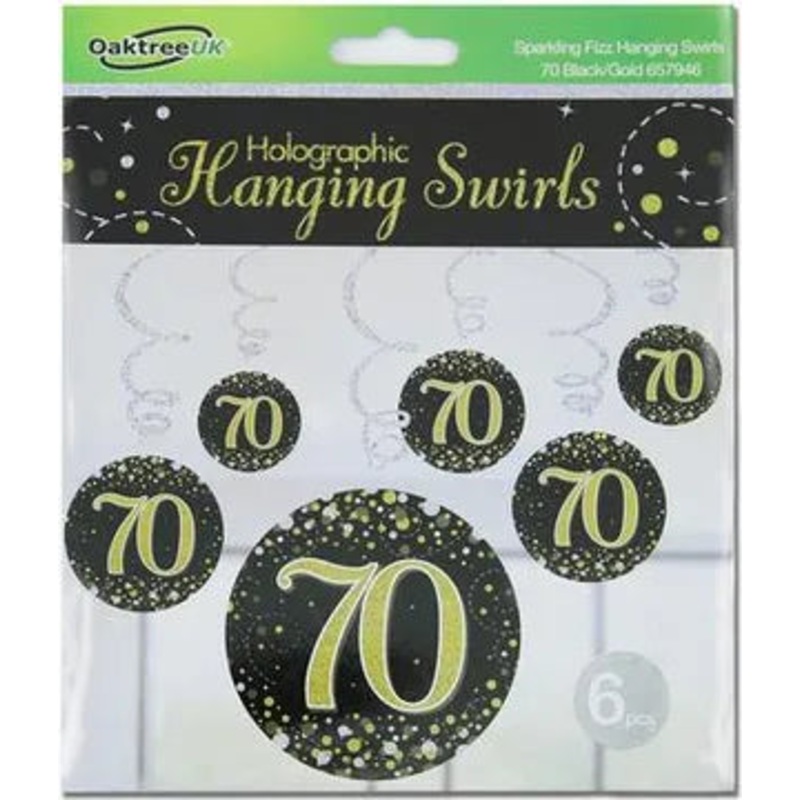 Oaktree Sparkling Fizz Hanging Swirls 70th Black / Gold 6pcs
