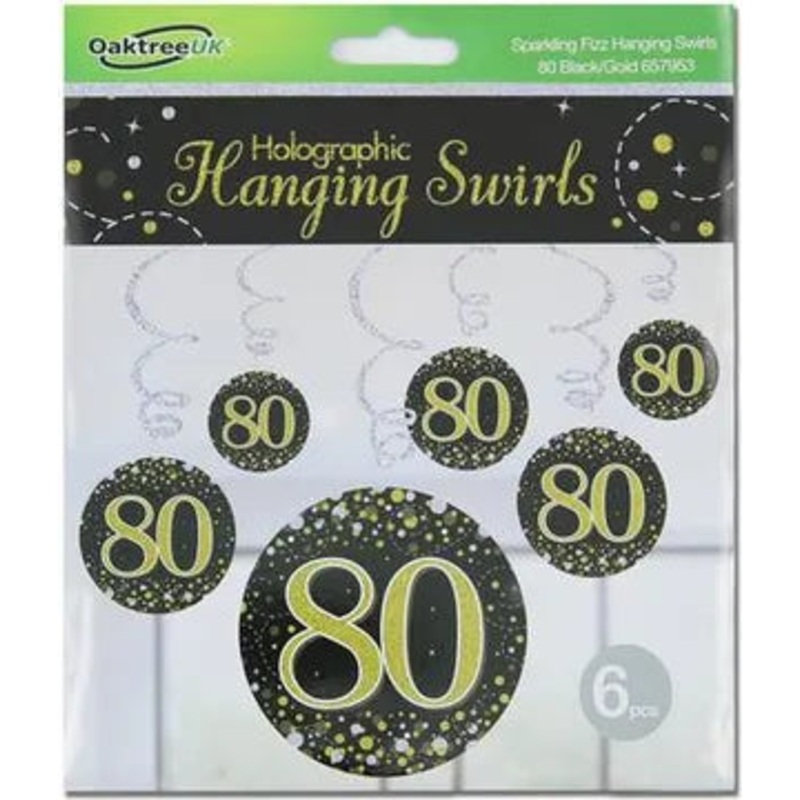 Oaktree Sparkling Fizz Hanging Swirls 80th Black / Gold 6pcs