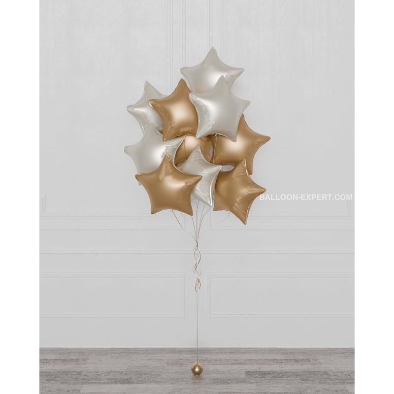Stars Foil Balloon Bouquet, 10 Balloons - Gold and White