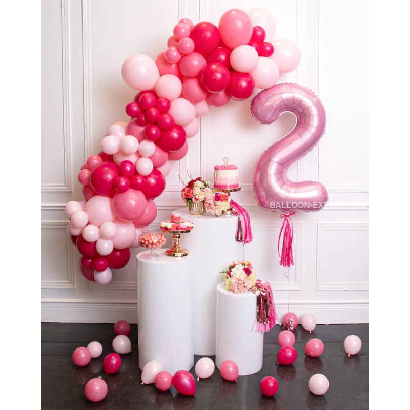 Deluxe Balloon Garland with Number Balloon - Fuchsia, Pastel Pink, Pink