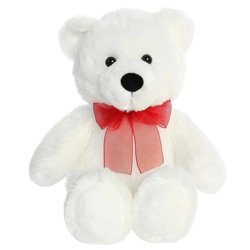 White Bear Plush with Red Bow, 10 Inches