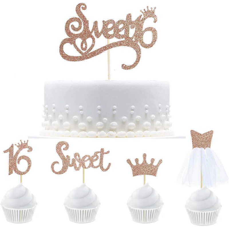 16th Birthday Sweet Sixteen Cupcake Topper in Rose Gold 33pcs