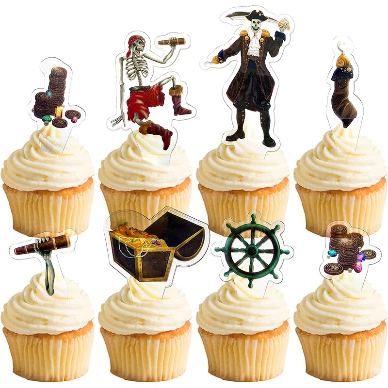 24pcs Caribbean Skull Pirate Cupcake Topper Halloween