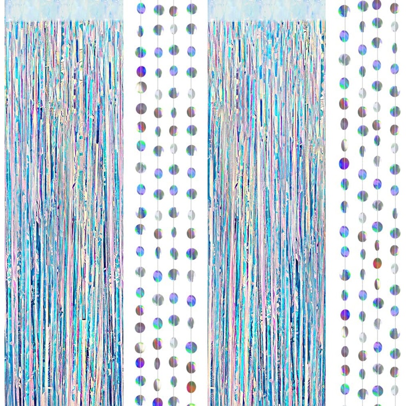 3.3 ft Iridescent Tinsel Foil Fringe Curtains with 2 Circle Dots Garlands