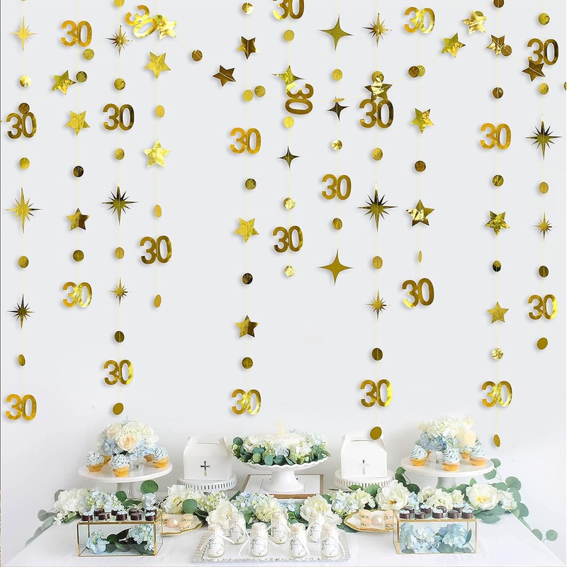 30th Birthday Garland with Number 30, Dots and Stars in Gold