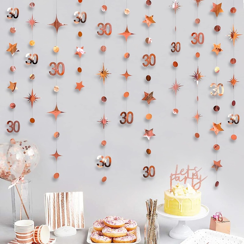 30th Birthday Garland with Number 30, Dots and Stars in Rose Gold
