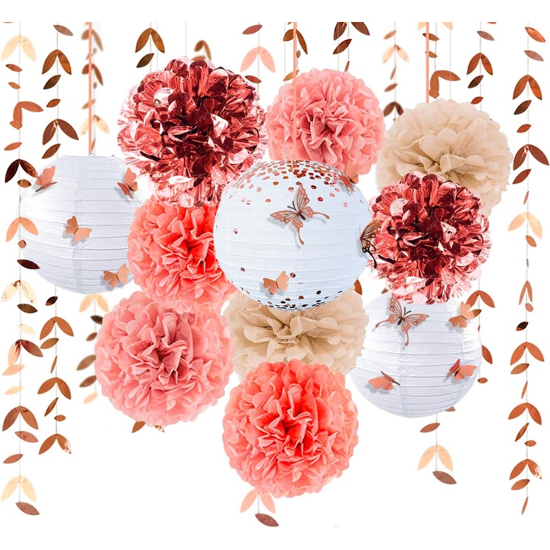 40PCS Rose Gold Party Decoration Blush Pink Tissue Flowers Pom Pom Paper Lantern