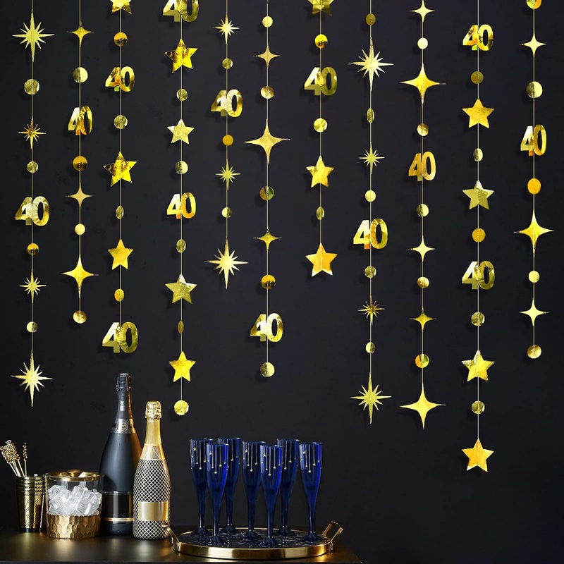 40th Birthday Garland with Number 40, Dots and Stars in Gold