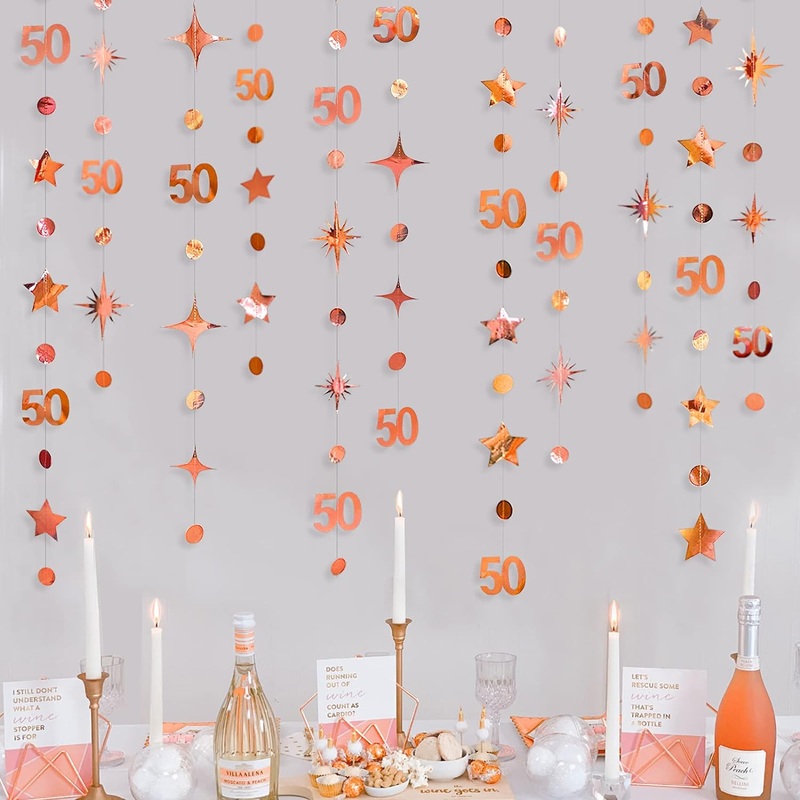 50th Birthday Garland in Rose Gold with Number 50, Dots and Stars