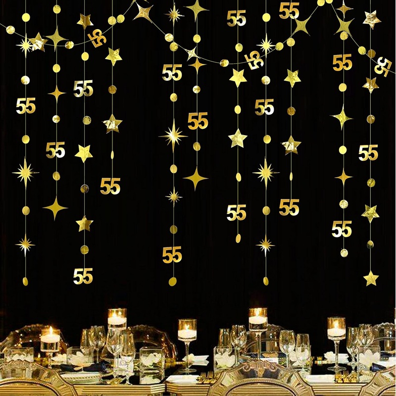 55th Birthday Decor Circle Dot Garland with Gold Twinkle Stars (46Ft)