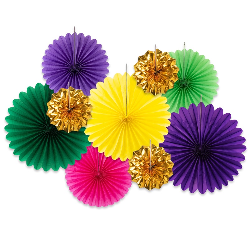 9pcs Mardi Gras Carnival Gold, Green, Purple and Pink Paper Fans Decoration Set