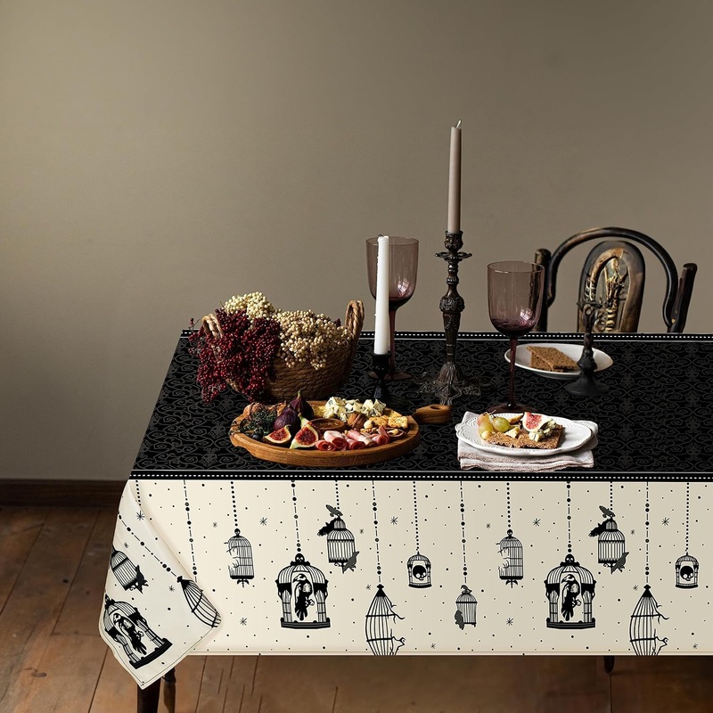 9x5 Ft Gothic Halloween Crow and Cage Theme Tablecloth