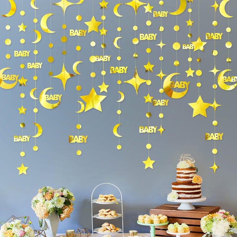 Baby Shower Gold 'Baby' Garland with Stars, Moon & Circle Dots (75ft)