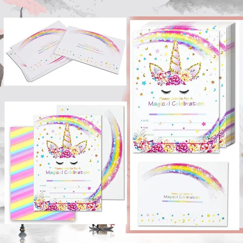 Birthday Rainbow Pony Invitation Cards with Envelops Sets (12 pcs)