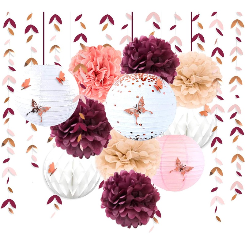 Burgundy Rose Gold Pink Garland with Lantern Flower & Pom Pom (40PCS)