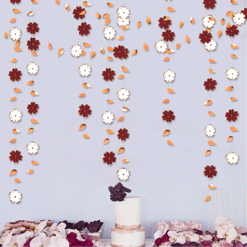 Burgundy & White Flower Foil Paper Garland with Rose Gold Leaf (42Ft)