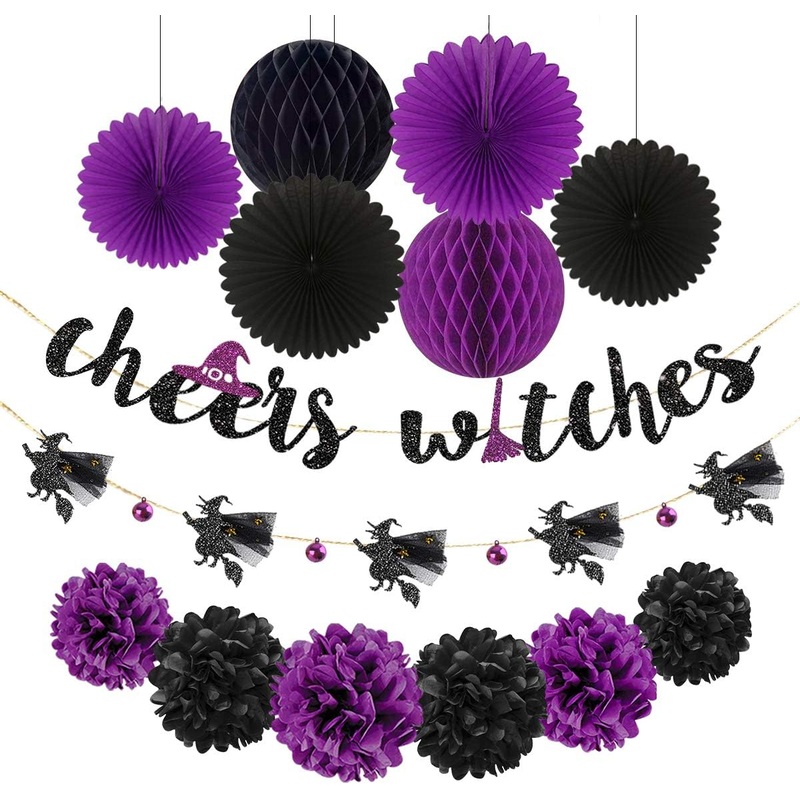 Cheers Witches Halloween Banner with Purple Black Paper Fan & Pom