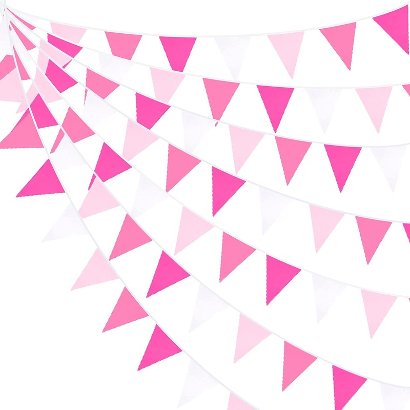 Engagement Party Banner of Cloth Flags in Hot Pink & White (32Ft)
