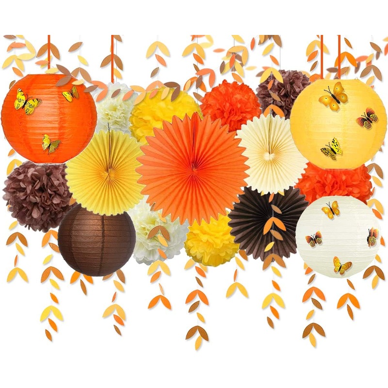 Fall Paper Lanterns and Hanging Paper Fans in Yellow Orange Brown