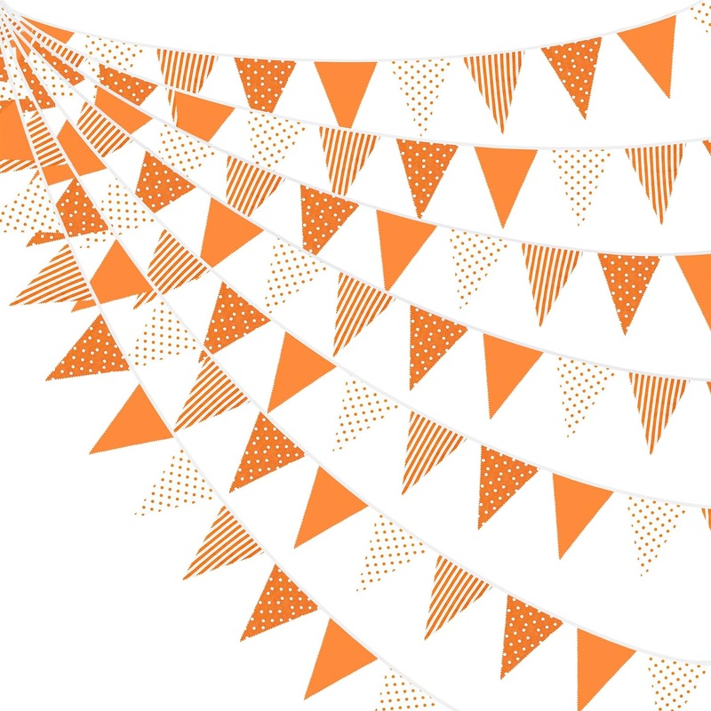 Fall Party Fabric Flag Banner in Orange & White Stripe and Dot (32Ft)