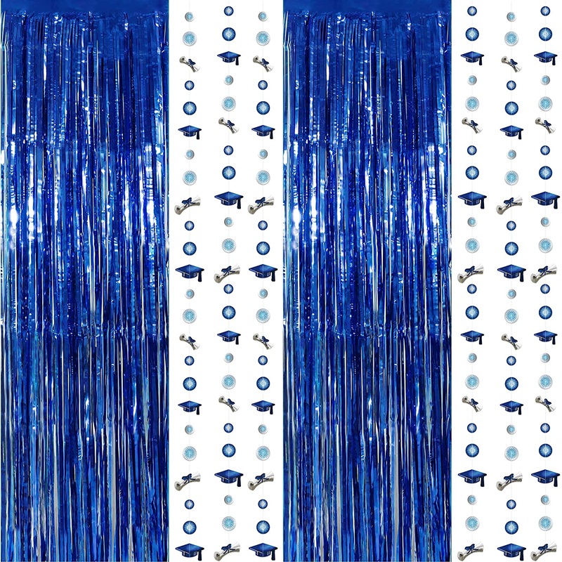 Foil Fringe Curtain Backdrops and Graduation Garlands Set in Blue (8pcs)
