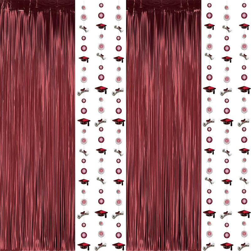 Foil Fringe Curtain Backdrops and Graduation Garlands Set in Burgundy (8pcs)