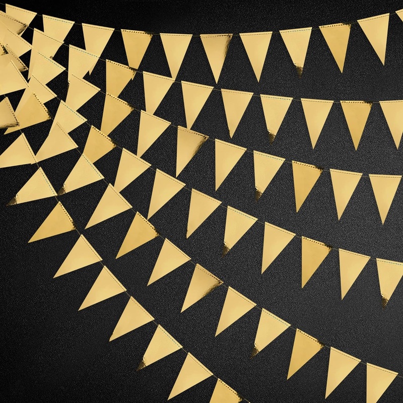 Gatsby Party Metallic Paper Banner of Bunting Triangle Flags in Gold (40Ft)