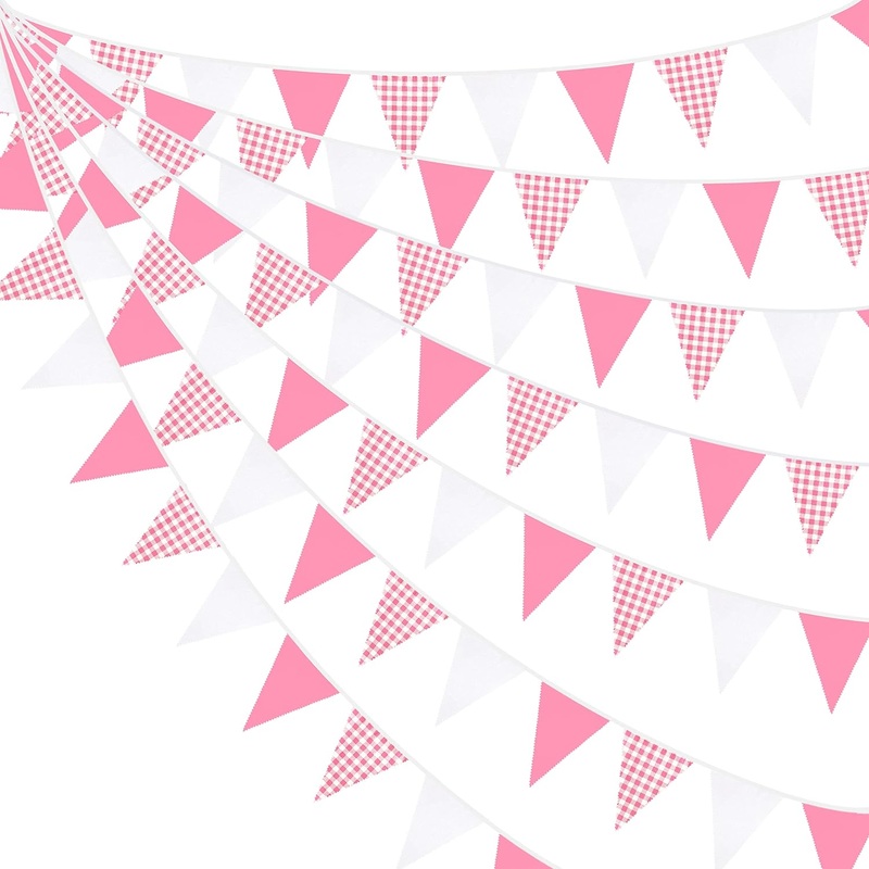 Girl's Birthday Fabric Flag Banner in Hot Pink, Gingham & White (32Ft)