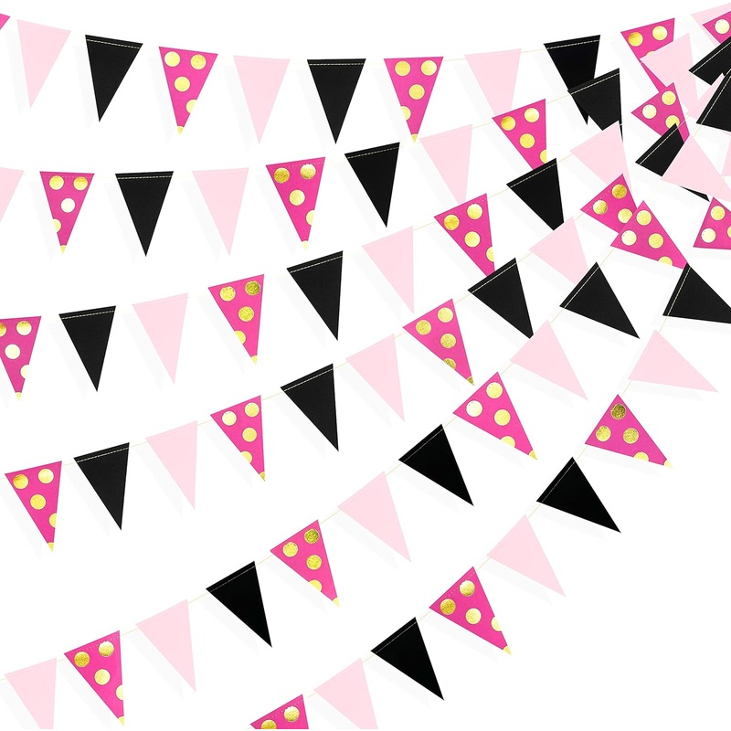 Girl's Birthday Polka Dot Paper Flag Banner in Rose Pink & Black(33Ft)