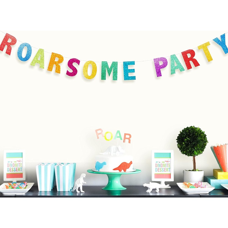 Glitter Colorful Dinosaur Roarsome Party Banner