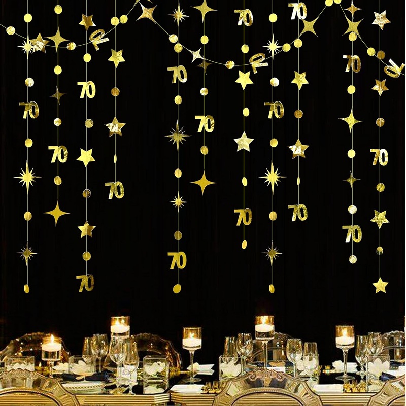 Gold 70th Birthday Decor Circle Dot Garland with Twinkle Stars (46Ft)