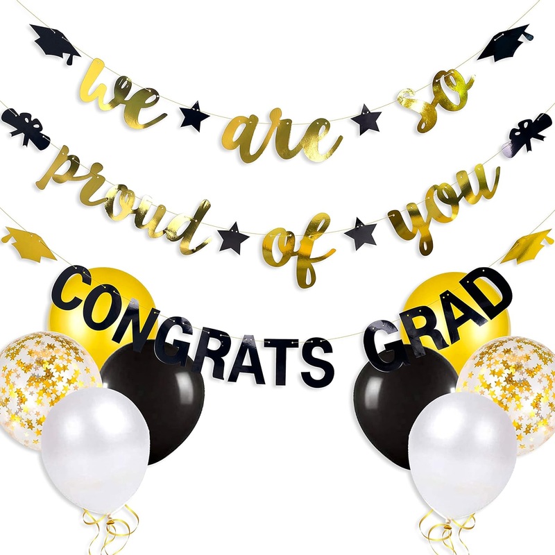 Graduation Party Balloons and Banners Set in Gold and Black(11 pcs)