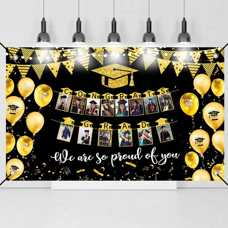 Graduation Photo Frame Backdrop 'Congrats Grads' in Black and Gold