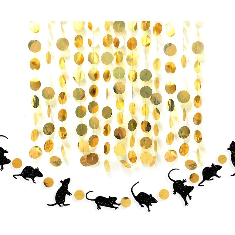 Halloween Party Gold Circle Dot Garland with Black Glitter Mice (33Ft)