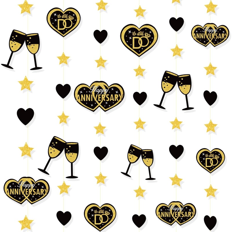 'Happy Anniversary' Black Gold Garland with Heart & Glasses (52Ft)
