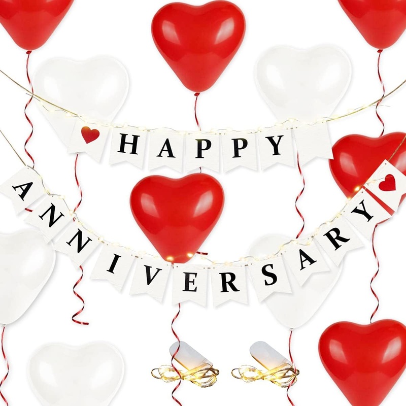 Happy Anniversary Wooden Bunting Banner with Red Heart Balloons (32pcs)