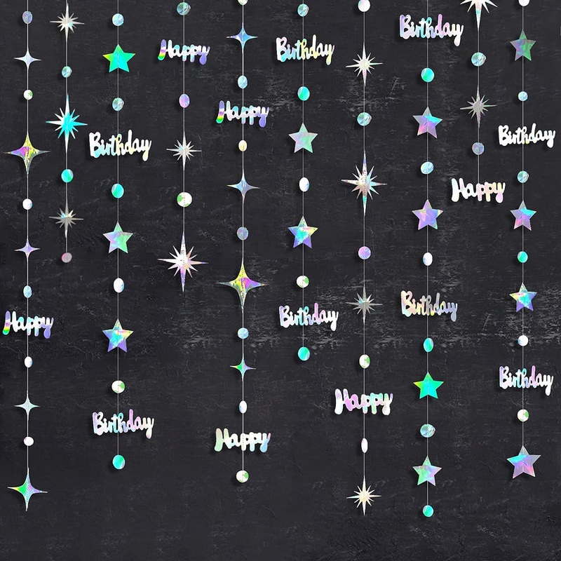 Happy Birthday Iridescent Circle Dot Garland with Twinkle Stars (46Ft)