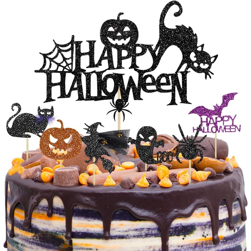 Happy Halloween Cake Toppers with Black Cat, Pumpkin, Ghost & Witch (37pcs)