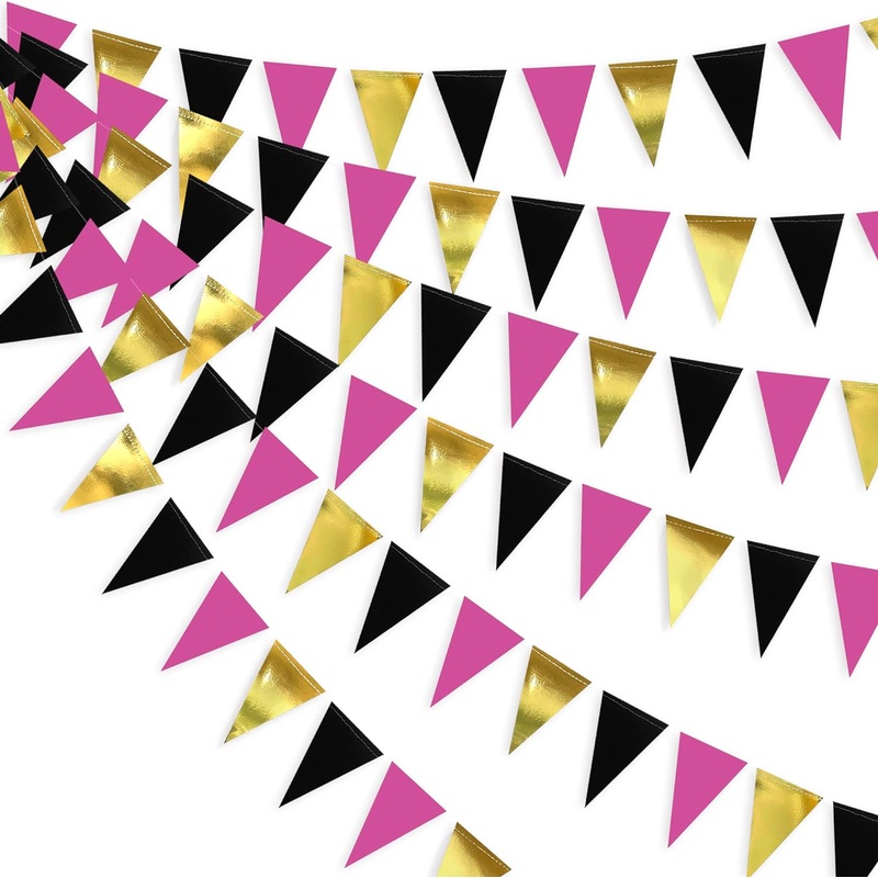Hot Pink Black Gold Hanging Paper Triangle Flag Banner for Hen Party (30Ft)