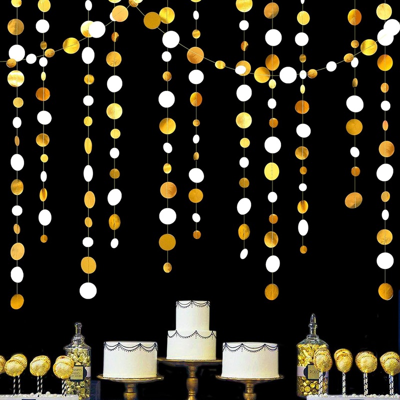 New Year Hanging Paper Garland with Circle Dots in White & Gold (46Ft)