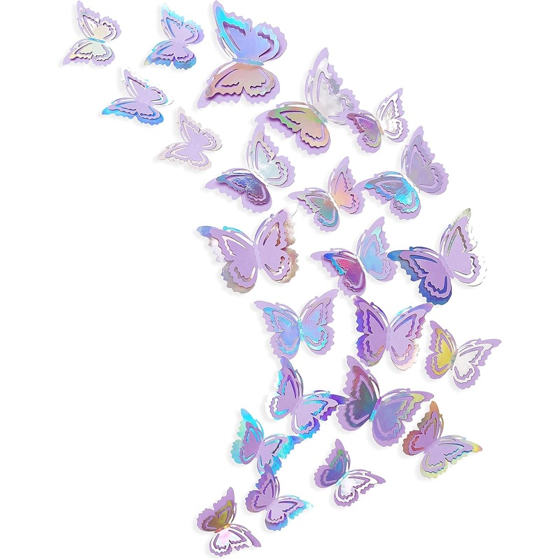 Removable Iridescent Purple Paper Butterfly 3D wall Stickers (27Pcs)