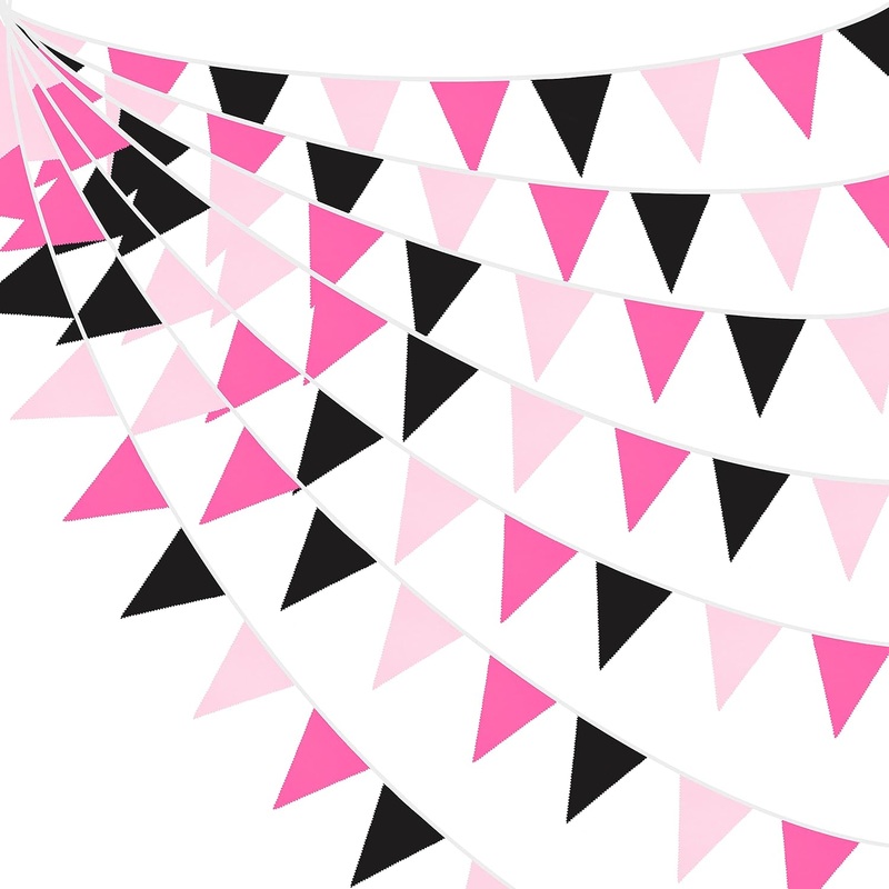 Rose Hot Pink Black Banner Fabric Triangle Flag Cotton Garland 32Ft