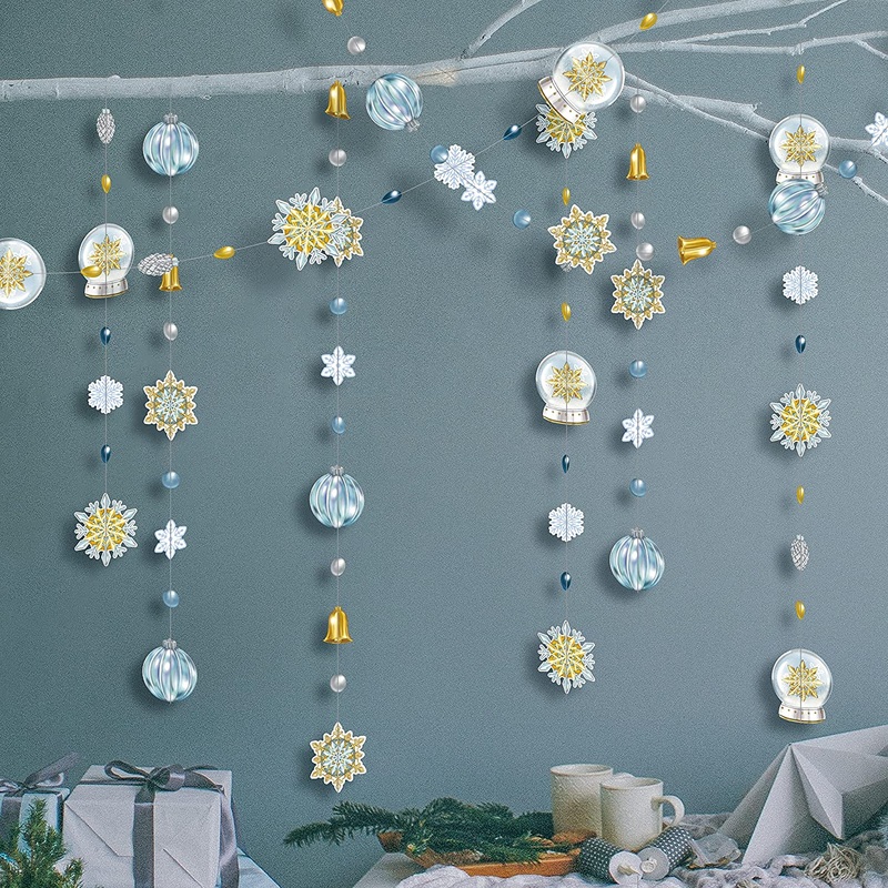 Snowflake and Snow Globes Christmas Garlands in Gold, Blue and White
