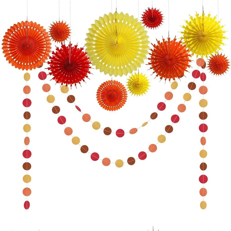 Thanksgiving Fall Paper Fans and Garlands Orange Yellow Red (12Pcs)