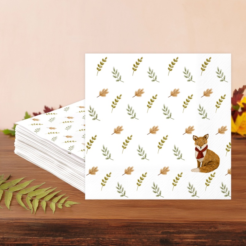 Thanksgiving Fox & Leaves Woodland Animal Napkins (50 Pcs)