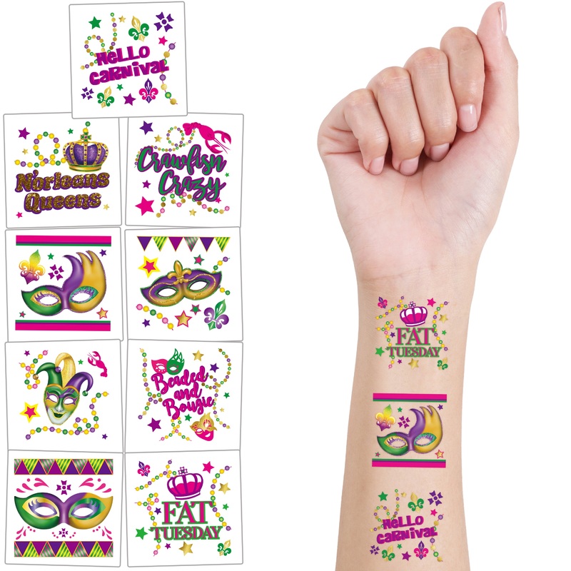 108 pcs Mardi Gras Carnival Temporary Tattoos Green Purple Gold Pink